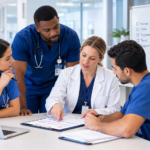 Healthcare professionals planning staffing coverage in a hospital